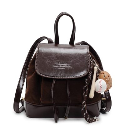 Brown Vintage Suede Women's Mini Backpack - New Fashionable Travel Book Bag with Decorative Charm