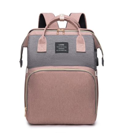 Multifunctional Diaper Backpack with Mosquito Net and Insulated Pockets - Pink and Grey