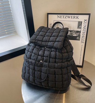 Lightweight Quilted Nylon Backpack with Adjustable Straps - Black