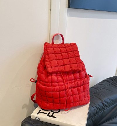Lightweight Quilted Nylon Backpack with Adjustable Straps - Red