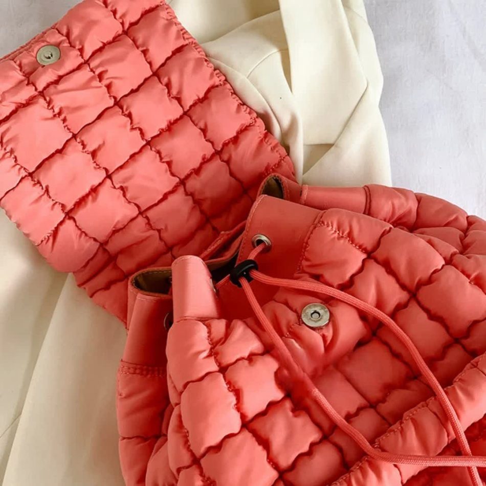 Lightweight Quilted Nylon Backpack with Adjustable Straps - Red - Image 3