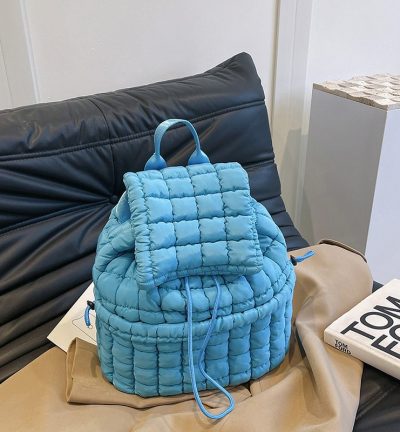 Lightweight Quilted Nylon Backpack with Adjustable Straps - Blue