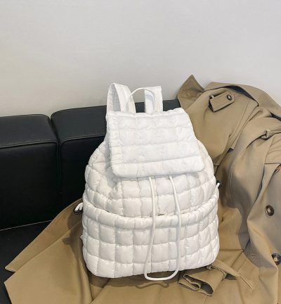 Lightweight Quilted Nylon Backpack with Adjustable Straps - White