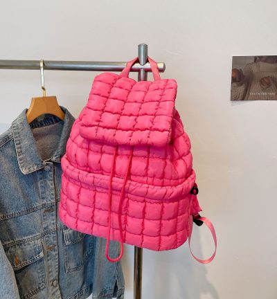 Lightweight Quilted Nylon Backpack with Adjustable Straps - Rose Red