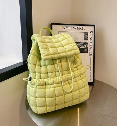 Lightweight Quilted Nylon Backpack with Adjustable Straps - Light Green