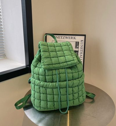 Lightweight Quilted Nylon Backpack with Adjustable Straps - Dark Green