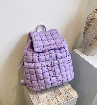 Lightweight Quilted Nylon Backpack with Adjustable Straps - Purple