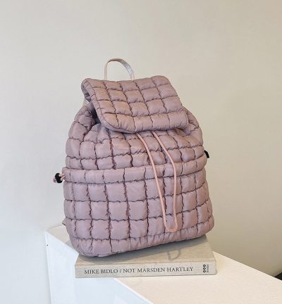 Lightweight Quilted Nylon Backpack with Adjustable Straps - Dark Purple