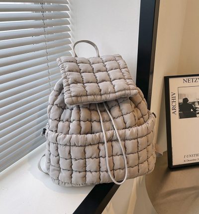 Lightweight Quilted Nylon Backpack with Adjustable Straps - Khaki