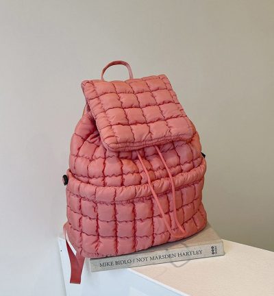 Lightweight Quilted Nylon Backpack with Adjustable Straps - Watermelon Red