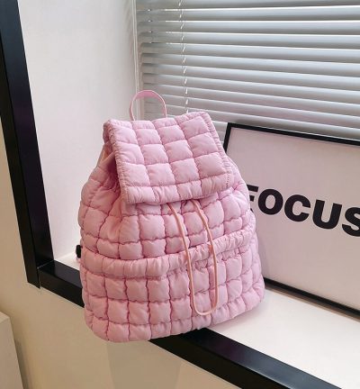 Lightweight Quilted Nylon Backpack with Adjustable Straps - Pink