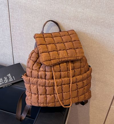 Lightweight Quilted Nylon Backpack with Adjustable Straps - Coffee