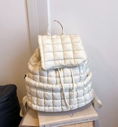 Lightweight Quilted Nylon Backpack with Adjustable Straps - Ivory White