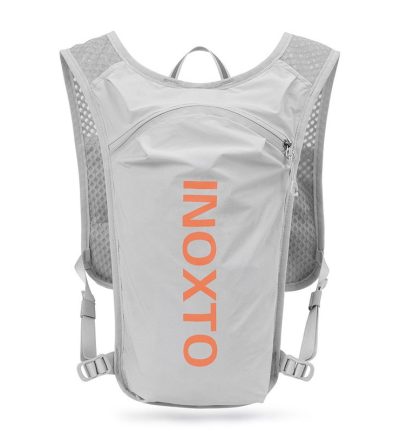 Lightweight Hydration Running Vest with 5L Capacity and Reflective Strips, Gray backpack with orange text