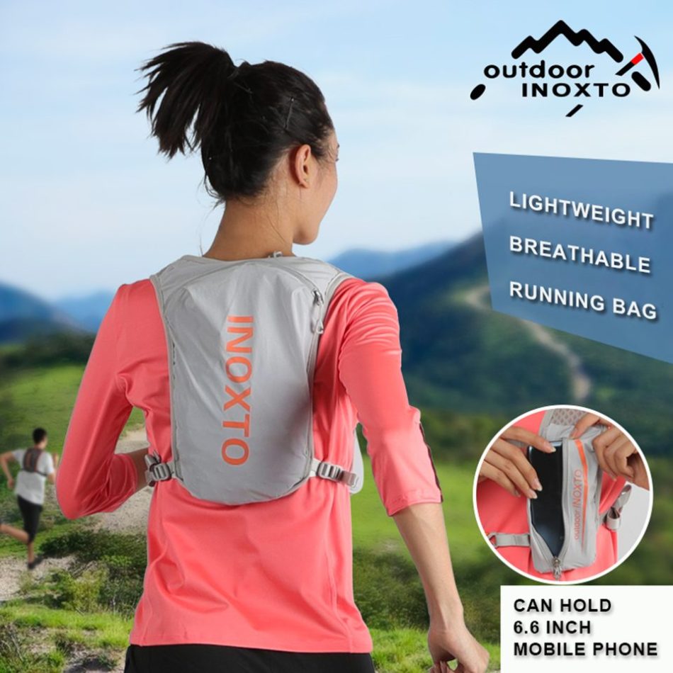 Lightweight Hydration Running Vest with 5L Capacity and Reflective Strips, Gray backpack with orange text - Image 3