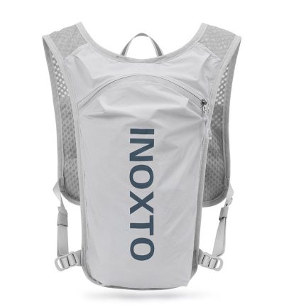 Lightweight Hydration Running Vest with 5L Capacity and Reflective Strips, Gray backpack with Dark blue text