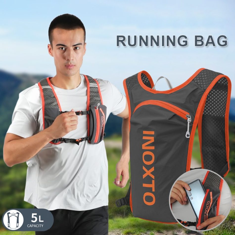 Lightweight Hydration Running Vest with 5L Capacity and Reflective Strips, Gray backpack with Dark blue text - Image 2