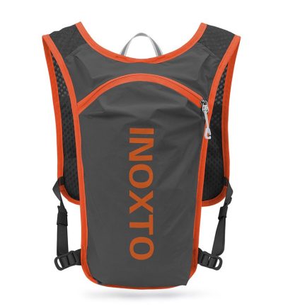 Lightweight Hydration Running Vest with 5L Capacity and Reflective Strips, Dark Gray backpack with orange text
