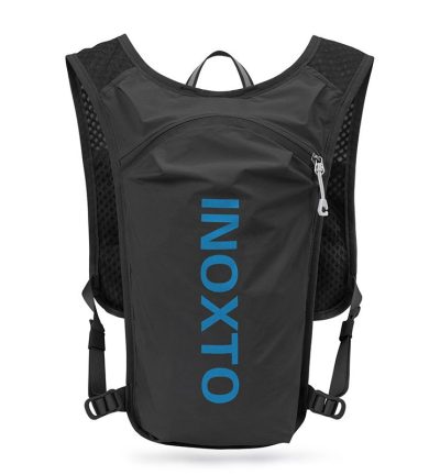 Lightweight Hydration Running Vest with 5L Capacity and Reflective Strips, Black backpack with blue text
