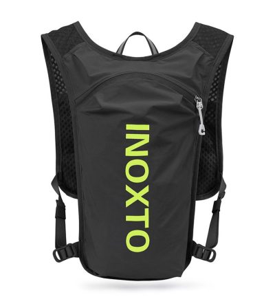 Lightweight Hydration Running Vest with 5L Capacity and Reflective Strips, Black backpack with green text