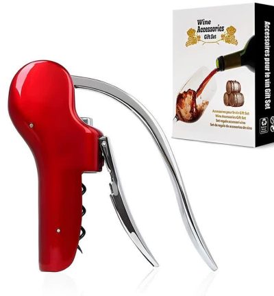 Red Ergonomic Lever-Action Corkscrew Wine Opener with Foil Cutter