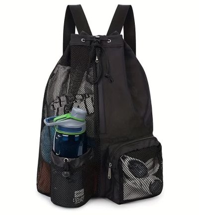 Black Mesh Drawstring Backpack - Lightweight Sports and Beach Bag with Pockets