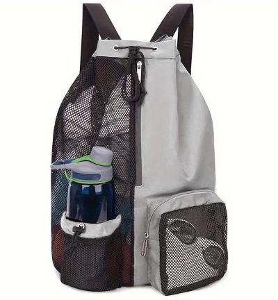 Grey Mesh Drawstring Backpack - Lightweight Sports and Beach Bag with Pockets