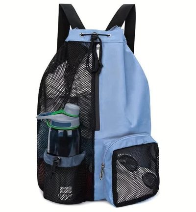 Blue Mesh Drawstring Backpack - Lightweight Sports and Beach Bag with Pockets