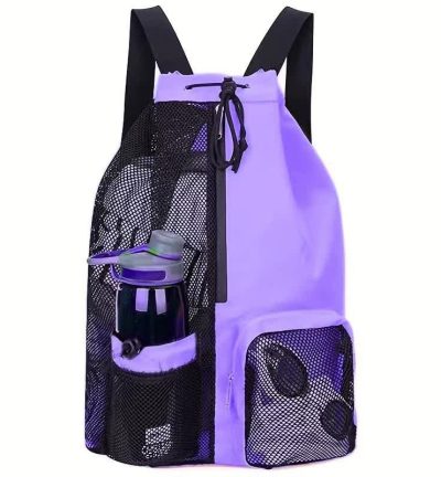 Purple Mesh Drawstring Backpack - Lightweight Sports and Beach Bag with Pockets