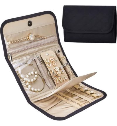 Black Travel Jewelry Organizer - Compact Roll-Up Storage Bag with Multiple Compartments