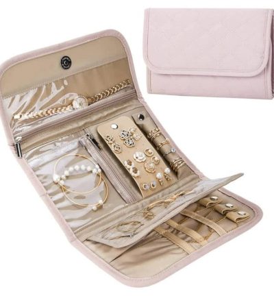 Pink Travel Jewelry Organizer - Compact Roll-Up Storage Bag with Multiple Compartments
