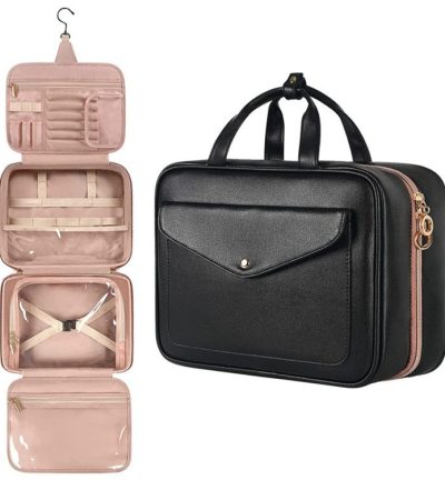 Black Multifunctional Travel Toiletry Organizer with Hanger and Large Storage Capacity