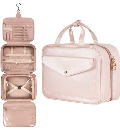 Pink Multifunctional Travel Toiletry Organizer with Hanger and Large Storage Capacity