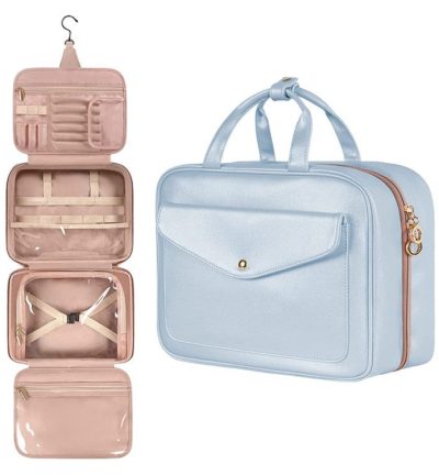 Blue Multifunctional Travel Toiletry Organizer with Hanger and Large Storage Capacity