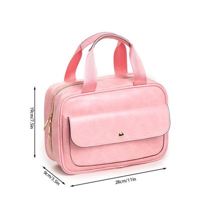 Pink Compact PU Leather Travel Toiletry Bag with Zipper Compartments