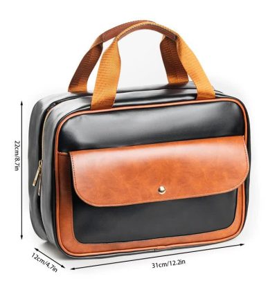 Black-brown Compact PU Leather Travel Toiletry Bag with Zipper Compartments