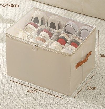 Beige Multi-Compartment Shoe Organizer Storage Box - Space-Saving and Convenient for Closet Organization