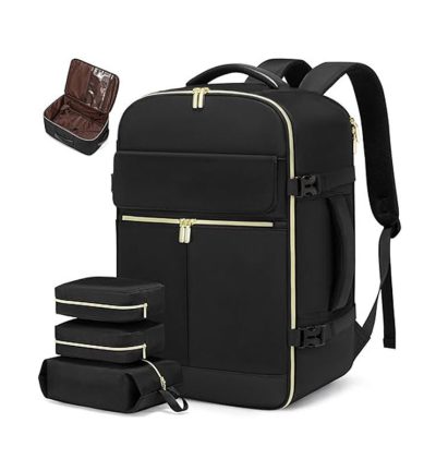 Black 40L Large Capacity Travel Business Backpack with Expandable Compartments, Including 2 Toiletry Bags and Shoe Bag - Durable Oxford Fabric