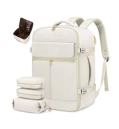 Off White 40L Large Capacity Travel Business Backpack with Expandable Compartments, Including 2 Toiletry Bags and Shoe Bag - Durable Oxford Fabric