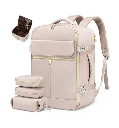 Light Pink 40L Large Capacity Travel Business Backpack with Expandable Compartments, Including 2 Toiletry Bags and Shoe Bag - Durable Oxford Fabric