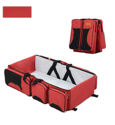 Red Multifunctional Foldable Baby Crib Mommy Bag | Large Capacity Diaper Bag | Portable Shoulder and Handheld Baby Essentials Bag
