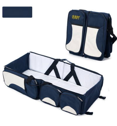 Dark Blue Multifunctional Foldable Baby Crib Mommy Bag | Large Capacity Diaper Bag | Portable Shoulder and Handheld Baby Essentials Bag