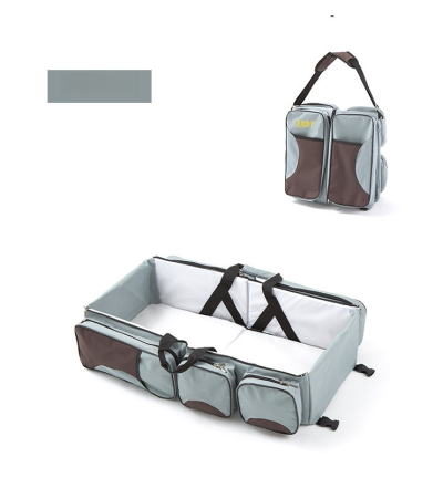 Grey-Brown Patchwork Multifunctional Foldable Baby Crib Mommy Bag | Large Capacity Diaper Bag | Portable Shoulder and Handheld Baby Essentials Bag