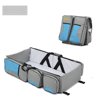 Grey-Blue Patchwork Multifunctional Foldable Baby Crib Mommy Bag | Large Capacity Diaper Bag | Portable Shoulder and Handheld Baby Essentials Bag