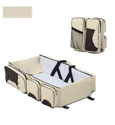 Beige-Brown Patchwork Multifunctional Foldable Baby Crib Mommy Bag | Large Capacity Diaper Bag | Portable Shoulder and Handheld Baby Essentials Bag