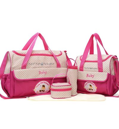 Pink 5-Piece Mommy Bag Set - Large Capacity Diaper Bags for Baby Travel, Tote and Shoulder Bags with Insulated Bottle Holder and Snack Bag