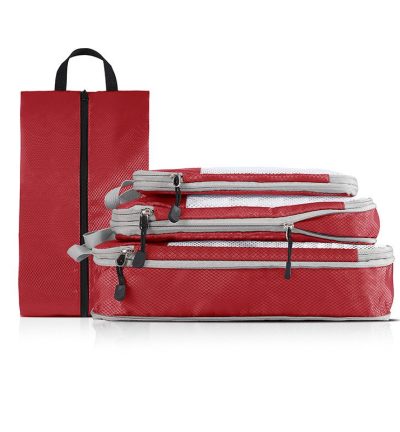 Red Compression Travel Storage Bags Set, Mesh Travel Organizers for Luggage, Foldable and Space-Saving Packing Cubes