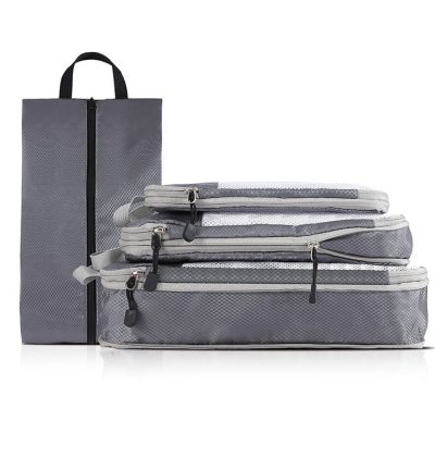 4-piece Set Grey Compression Travel Storage Bags Set, Mesh Travel Organizers for Luggage, Foldable and Space-Saving Packing Cubes