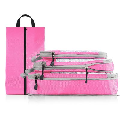 4-piece Set Pink Compression Travel Storage Bags Set, Mesh Travel Organizers for Luggage, Foldable and Space-Saving Packing Cubes