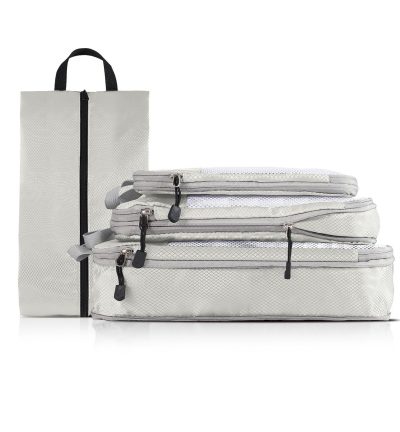 4-piece Set Beige Compression Travel Storage Bags Set, Mesh Travel Organizers for Luggage, Foldable and Space-Saving Packing Cubes